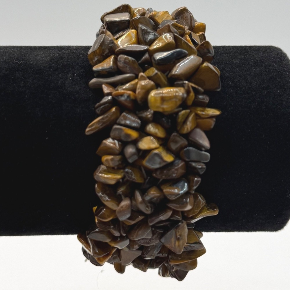 Tiger's Eye Gemstone Chip Bracelet Brown Boho Earthy Crystal Statement Stretch